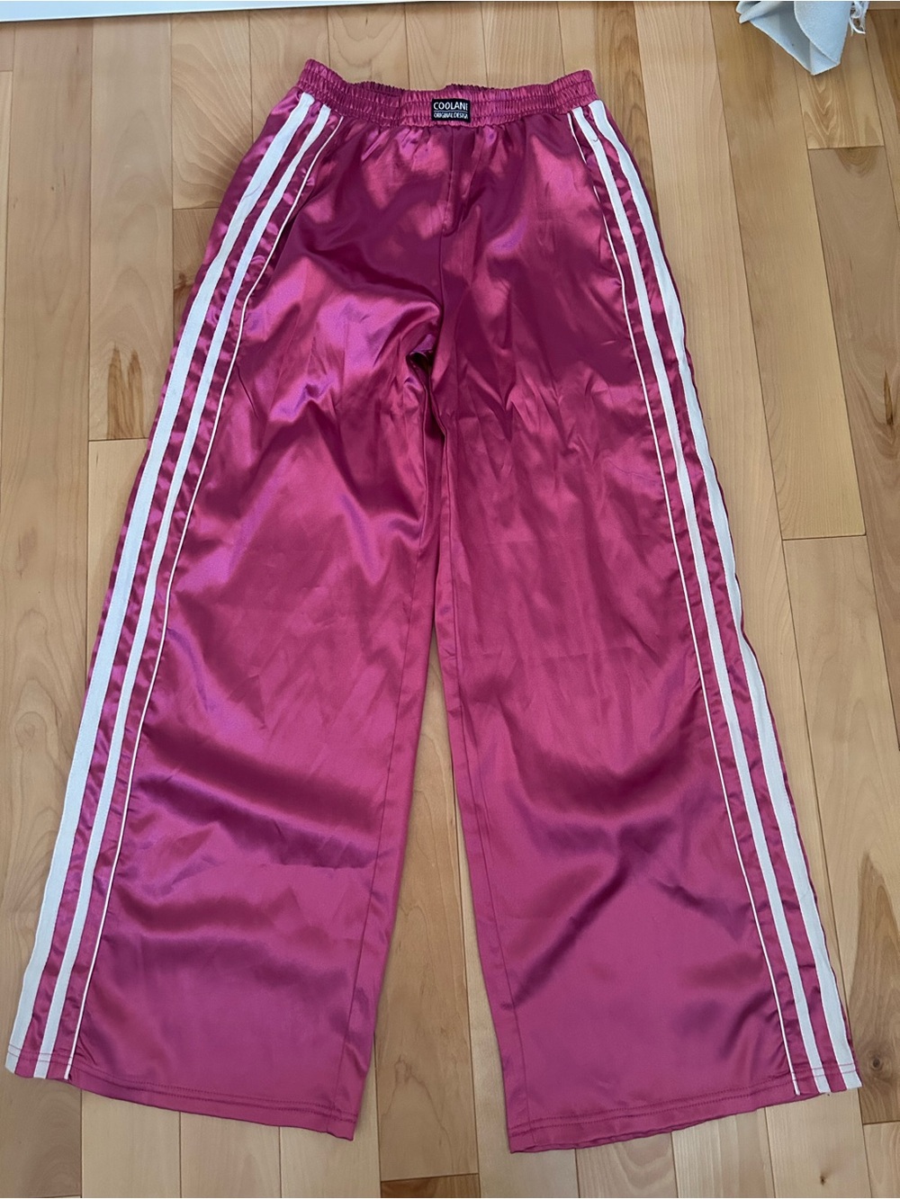 Women’s Satin Track Pants in Hot Pink with White Stripes
